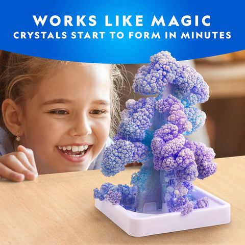 Girl watching Crystal Growing Tree Kit For Kids with six-hour crystal growth in progress