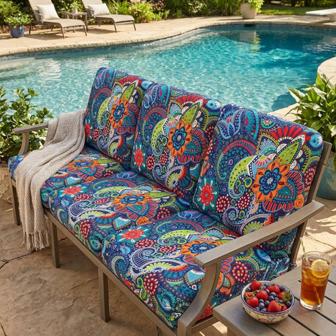 Outdoor patio with Cozy Printed Floral Cushion Covers For Couches And Sofas, Washable Stretch Sofa Covers With Elastic Bottom, Paisley Pattern