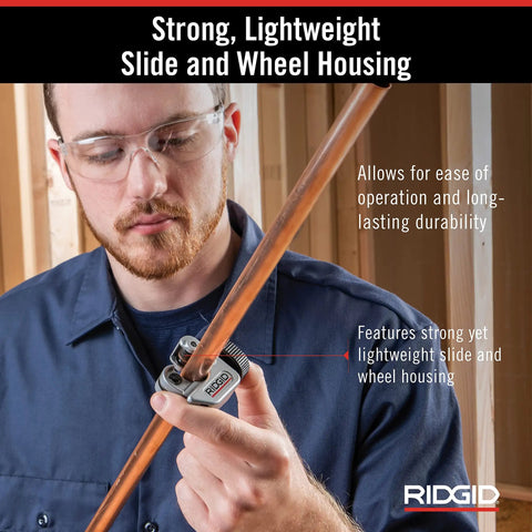 Close Quarters Tubing Cutter For One Eighth To Five Eighths Inch Copper Aluminum Brass And Plastic Tubing in use on copper pipe