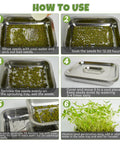 Steps for using 2-Tier Stainless Steel Seed Sprouter Trays Kit With Lids And Mesh Pads for soil-free microgreens growing.