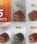 Image showing five grit levels of abrasive flap wheels, including 60 Grit Nonwoven Flap Wheel for Wood and Metal Polishing 120 Mm Diameter 100 Mm Width 19 Mm Arbor Hole Abrasive Sanding Wheel Burnishing and Smoothing 4.7 by 4 Inches.
