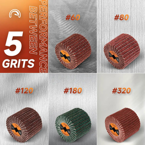 Image showing five grit levels of abrasive flap wheels, including 60 Grit Nonwoven Flap Wheel for Wood and Metal Polishing 120 Mm Diameter 100 Mm Width 19 Mm Arbor Hole Abrasive Sanding Wheel Burnishing and Smoothing 4.7 by 4 Inches.