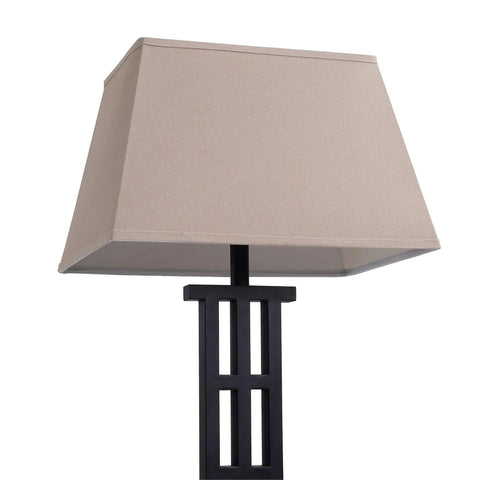 McIntosh Floor Lamp in Bronze Finish With Geometric Mission Design, featuring interlaced square detailing and taupe rectangular shade.