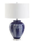 Seaside Blue Ceramic LED Table Lamp With Coastal Glam Reactive Glaze Crystal Base White Linen Drum Shade 26 Inch Tall Energy Saving LED Included Perfect Living Room Or Bedroom Decor