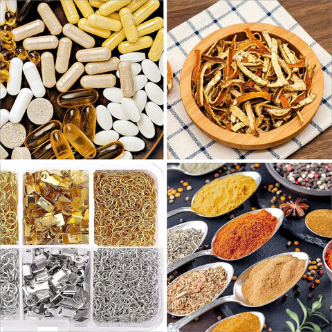 Assorted herbs, capsules, spices, and metal findings in containers, suggesting versatile use for cooking, supplements, and crafts.