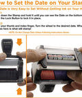 How to set the date on a Heavy Duty Self Inking Stamp With Dual Color Blue Red Ink, showing step-by-step adjustments.
