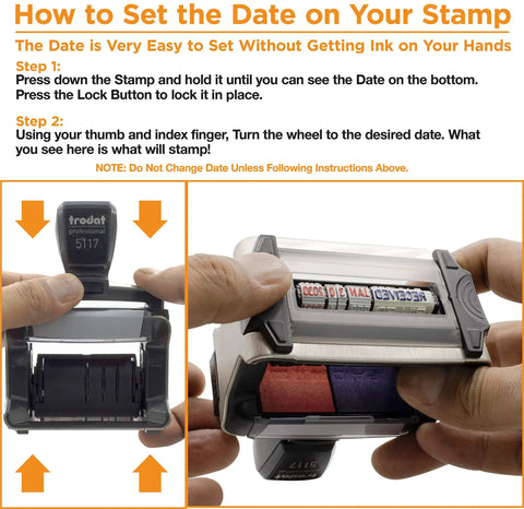 How to set the date on a Heavy Duty Self Inking Stamp With Dual Color Blue Red Ink, showing step-by-step adjustments.