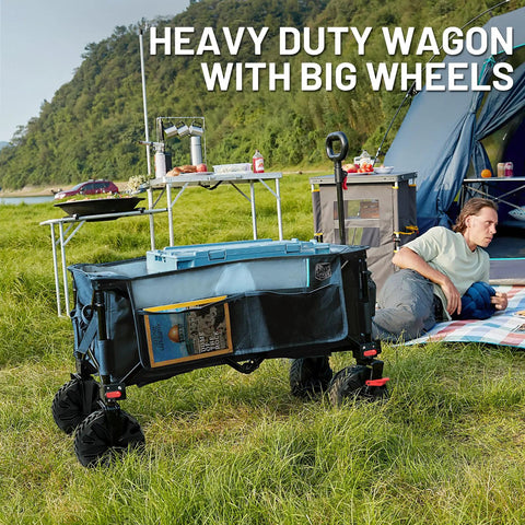 Beast Of A Heavy Duty Collapsible Wagon With Brakes For All Terrain Use, camping scene with picnic setup in background