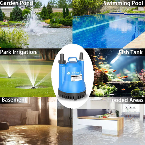 Portable Submersible Sump Pump No Nonsense 1/4HP 1676GPH for clean and dirty water removal, used in pool, basement, garden.