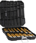 Open-case view of 99-piece titanium twist drill bit set in a hard black plastic case with gold-coated bits, sizes 1/16-3/8 in.