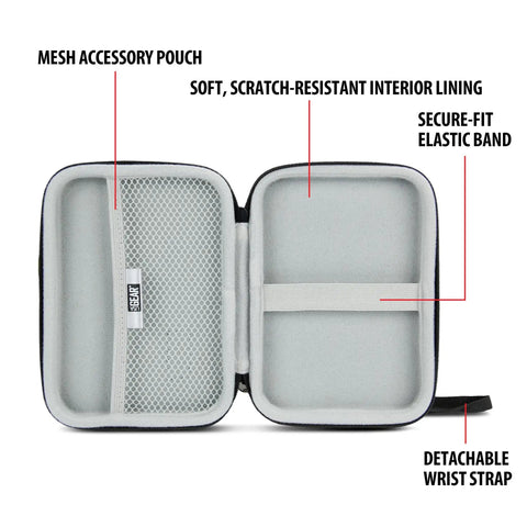 USA Gear Laser Measurement Tool Hard Case - Laser Tape Measure Case with Water Resistant Exterior & Wrist Strap - Black interior with accessory pouch.