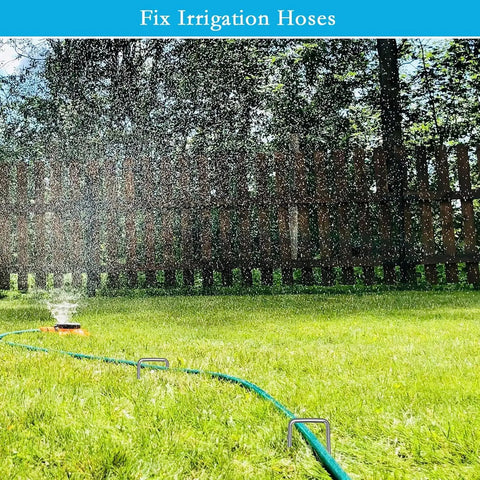 12 Inch Galvanized Garden Landscape Staples Heavy Duty 11 Gauge Ground Stakes securing irrigation hose on lawn