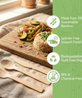 Your Go To 100 Percent Bamboo Utensils Set With 50 Forks, 25 Spoons, 25 Knives, shown with vegetables and rice on a board.