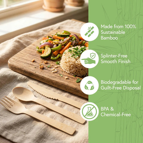 Your Go To 100 Percent Bamboo Utensils Set With 50 Forks, 25 Spoons, 25 Knives, shown with vegetables and rice on a board.