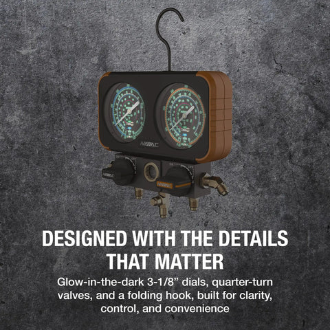 Precise Class 1.0 HVAC Manifold Gauge Set With Beefy Aluminum Body Rock Solid Impact Protection And Smooth Quarter Turn Ball Valves For Technicians Who Want Hardcore Reliability On Every Job Site