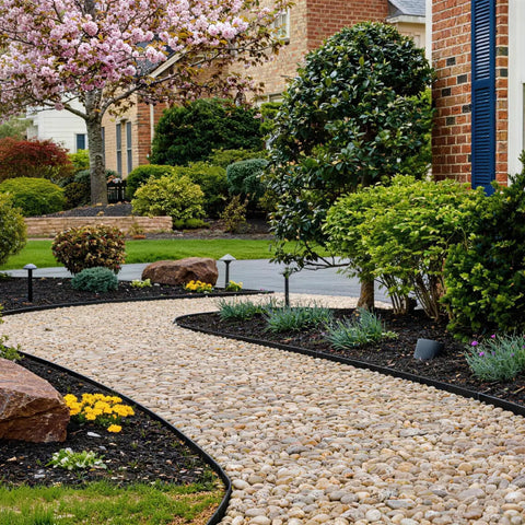 Garden path edged with No Dig Landscape Edging Kit 1.5 Inch By 100 Foot With 150 Spikes, Hammer And Gloves in residential yard