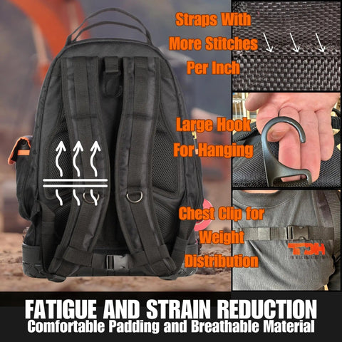 Heavy Duty Tool Backpack With Waterproof Base And Big Capacity Tool Bag Organizer For Electricians And DIY Pros Construction And Fishing Tackle Carrier Water And Tear Resistant Gear Bag For Work showing back view with straps and clips.