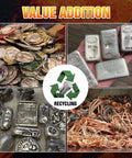 Image showing recycling of cans, silver bars, metal pieces, and copper wires labeled as 'Value Addition' with a recycling symbol.