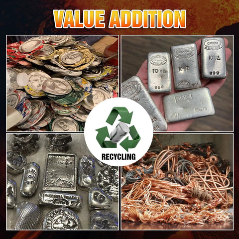 Image showing recycling of cans, silver bars, metal pieces, and copper wires labeled as 'Value Addition' with a recycling symbol.