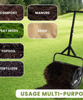 16 Inch Compost Spreader And Peat Moss Spreader For Lawn Care With Adjustable Handle And Steel Mesh Basket on grass field