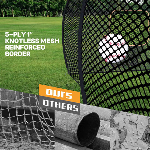 Close-up of heavy-duty net in 40 Foot Batting Cage For Baseball And Softball With Sock Pocket Freestanding Frame, shown with ball.