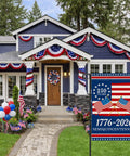 Front yard with 250th Anniversary America Garden Flag Double Sided USA Flag 1776 2026 Commemorative Patriotic Banner for Yard 12 by 18 Inch Waterproof Weatherproof 4th of July Outdoor Decoration displayed, with bunting and balloons