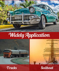 Collage showing classic car, truck, and sailboat emphasizing versatile use of Stainless Steel Boat Snap Kit With 30 Sockets.