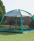 11x11 Ft Screen House With Mesh Net Tent Canopy Shelter Gazebo, Easy Setup, Waterproof, Sunshade, Ideal for Camping, Backyard or Beach Picnics, Spacious 121 Sq Ft, Blue set up on grass