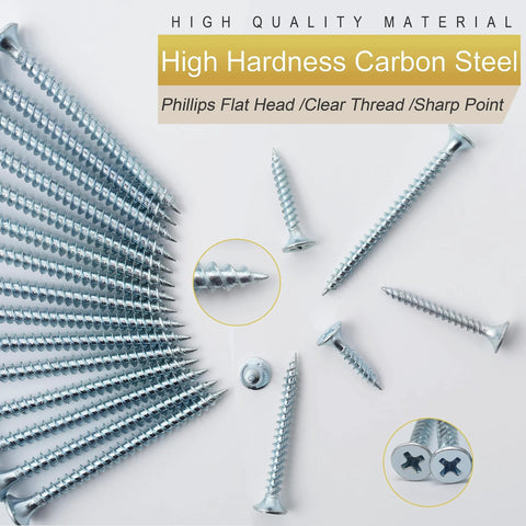 High Hardness Wood Screws Assortment Kit with 203 pieces and 30 M6 drywall anchors, phillips drive, flat head screws layout