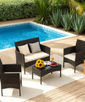 Poolside view of 4 Piece Wicker Patio Furniture Set With Cushions, Outdoor Conversation Set With Loveseat and Chairs