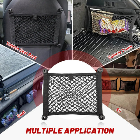 Two Pack 14 By 10 Inch Double Layer Mesh Cargo Net Stretchable Car Organizer Netting For Trunk RV Boat Home Auto in use