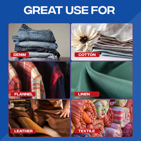 Various fabrics such as denim, cotton, flannel, linen, leather, and textile suitable for Permanent Fabric Glue For Clothes And Crafts That Binds Strong, Flexible And Washable, Sticks Like A Boss For Rhinestones, Patches, Denim, Leather, Polyester, Flannel And More, Quick Dry, Clear Finish, Budget Friendly.