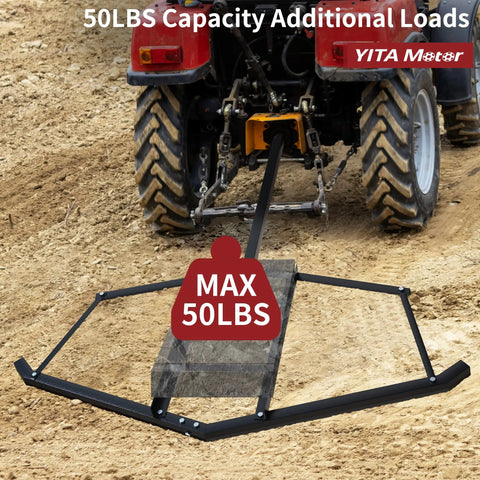 72 Inch Wide Driveway Drag Grader Harrow With Adjustable Bars For ATVs And UTVs shown leveling soil with tractor, max 50lbs