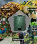 Collage of green 80 Gallon Compost Bin Bags Set with uses: leaf waste, kitchen waste, fruit picking, vegetable planting, and grass clippings.
