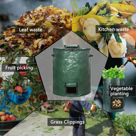 Collage of green 80 Gallon Compost Bin Bags Set with uses: leaf waste, kitchen waste, fruit picking, vegetable planting, and grass clippings.