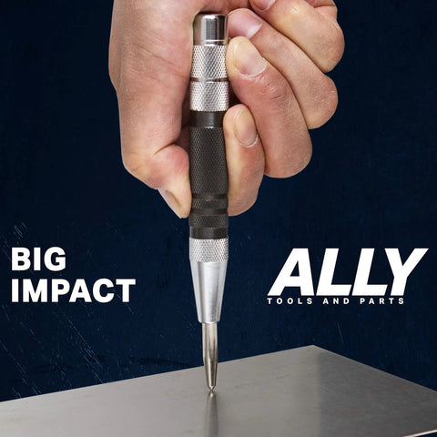 Heavy Duty Automatic Center Punch 3 Piece Set Packaged With 6 Inch Chrome Steel Body And Adjustable Spring Tension in use penetrating metal.