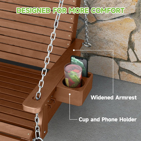 Two Seater Front Porch Swing With Cupholders Wooden Outdoor Swing Bench For Patio And Backyard Upgraded 22 Inch Deep Seat Heavy Duty