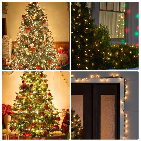 Collage of Pastel Easter And Christmas String Lights 40Ft Outdoor Indoor Decor With 200 Incandescent Minis on trees and window.