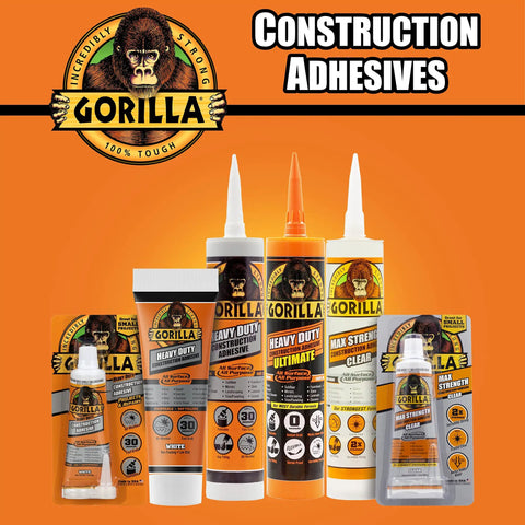 Heavy Duty Construction Adhesive White Glue 7 Ounce Squeeze Tube Tough As Nails For Indoor And Outdoor Projects Waterproof Gap Filling Quick Grip In About 30 Seconds Paintable displayed among various Gorilla adhesives on orange background.