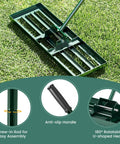 Heavy Duty Lawn Leveling Rake With Ergonomic 67 Inch Handle for Soil And Lawn Care, wide 30 x 10 inch rake on grass