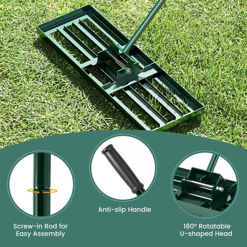 Heavy Duty Lawn Leveling Rake With Ergonomic 67 Inch Handle for Soil And Lawn Care, wide 30 x 10 inch rake on grass