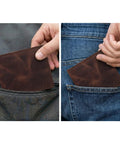Slim Leather Wallet For Men With RFID Blocking, Minimalist Front Pocket Bifold being placed in a back jean pocket, mocha color shade