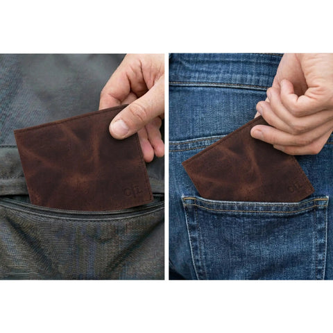Slim Leather Wallet For Men With RFID Blocking, Minimalist Front Pocket Bifold being placed in a back jean pocket, mocha color shade