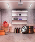 Garage interior with shelving, tires, and cabinet under Dope LED Ceiling Wrap Light In White, Transitional Style Fixture, 24.5 Inch Length, 2.59 Inch Height, 5.5 Inch Width, Energy Efficient Modern Ceiling Fixture For Living Room, Bedroom, Hallways And Offices.