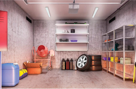 Garage interior with shelving, tires, and cabinet under Dope LED Ceiling Wrap Light In White, Transitional Style Fixture, 24.5 Inch Length, 2.59 Inch Height, 5.5 Inch Width, Energy Efficient Modern Ceiling Fixture For Living Room, Bedroom, Hallways And Offices.