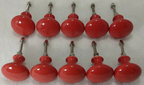 10 Pack Hand Painted Ceramic Cabinet Knobs Bold Drawer Pulls With Heavy Duty Mounting Hardware No Sweat Setup For Kitchen Cupboards Home Offices And Bathrooms, bright red knobs with screws on a white background.