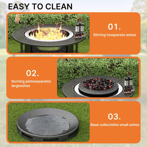 37 Inch Smokeless Fire Pit Tabletop with cleaning instructions for outdoor patio, showcasing ash separation and collection process.