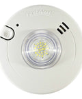 Front view of hardwired smoke alarm with LED strobe light for hearing impaired, AC powered with 10 year battery backup, distinct flash patterns.