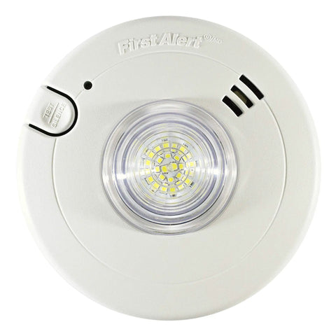Front view of hardwired smoke alarm with LED strobe light for hearing impaired, AC powered with 10 year battery backup, distinct flash patterns.