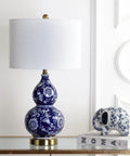 27 Inch Blue White Ceramic Chinoiserie Table Lamp With Floral Double Gourd Vase Design, White Linen Drum Shade, Brass Gold Base, LED Bulb Included
